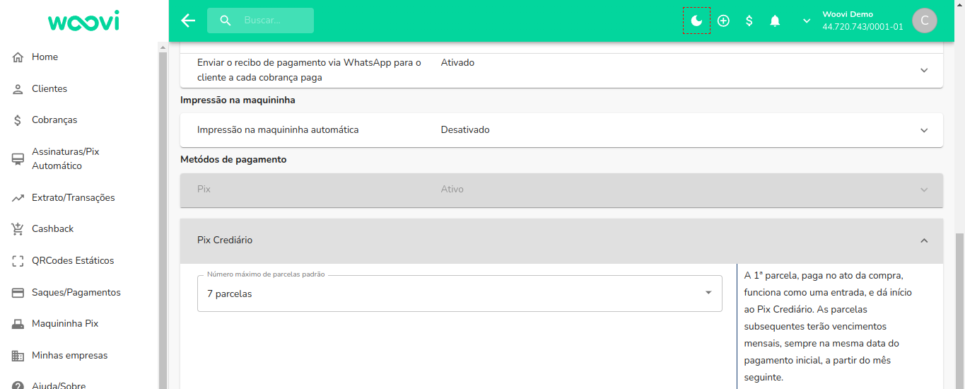 Configuração do número máximo de parcelas padrão